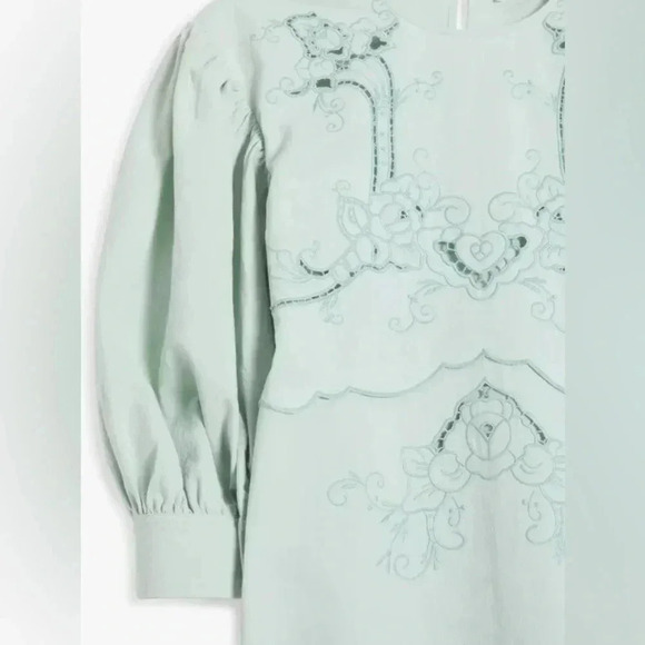 NWT See By Chloé Embroidered Puff Sleeve Mini Dress Autumnal Mint Blue Size 10 - Picture 4 of 13